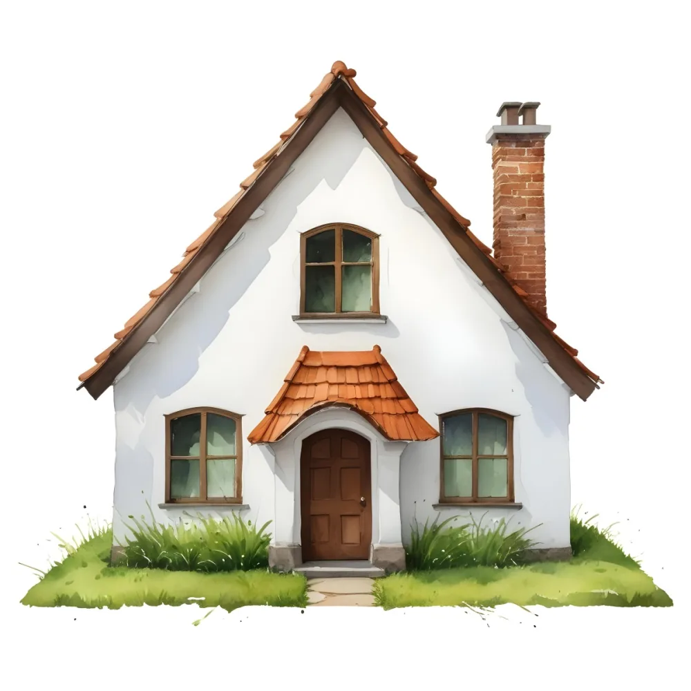 A Small White House With A Brown Roof And Chimney Surrounded By Green Grass On A White Background 31 3479