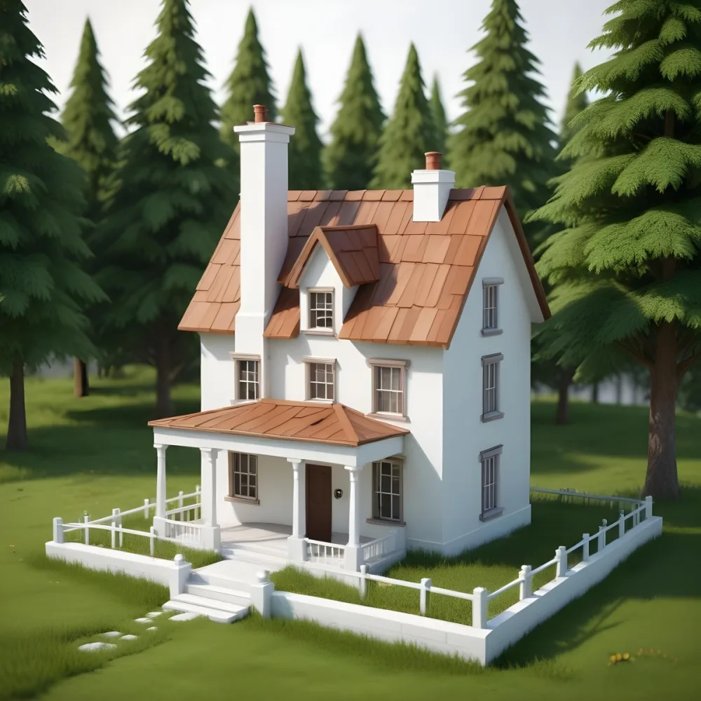 A Small White House With A Brown Roof And Chimney Surrounded By Green Grass On A White Background 33 Ad2d