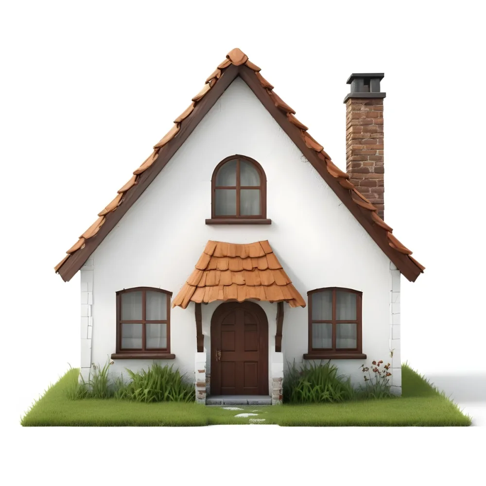 A Small White House With A Brown Roof And Chimney Surrounded By Green Grass On A White Background 35 D5ea