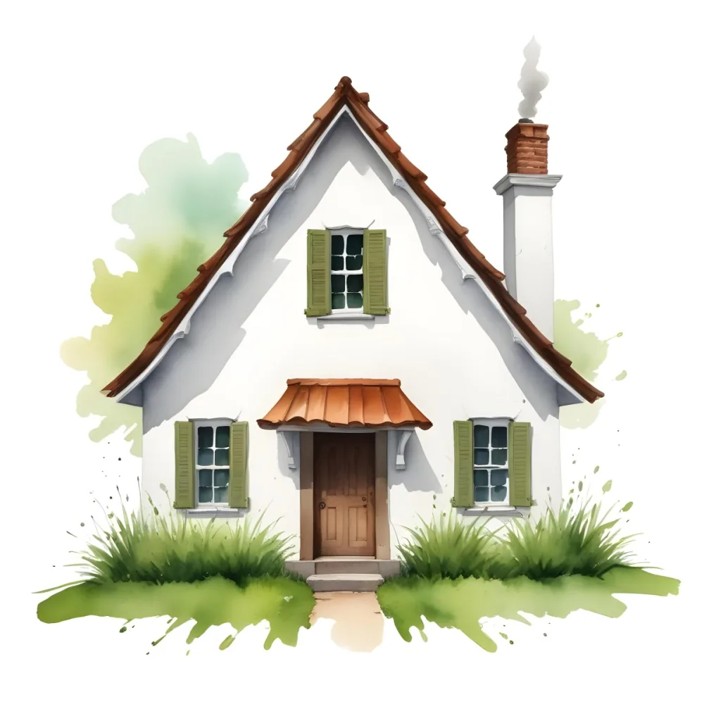 A Small White House With A Brown Roof And Chimney Surrounded By Green Grass On A White Background 4 Bc70
