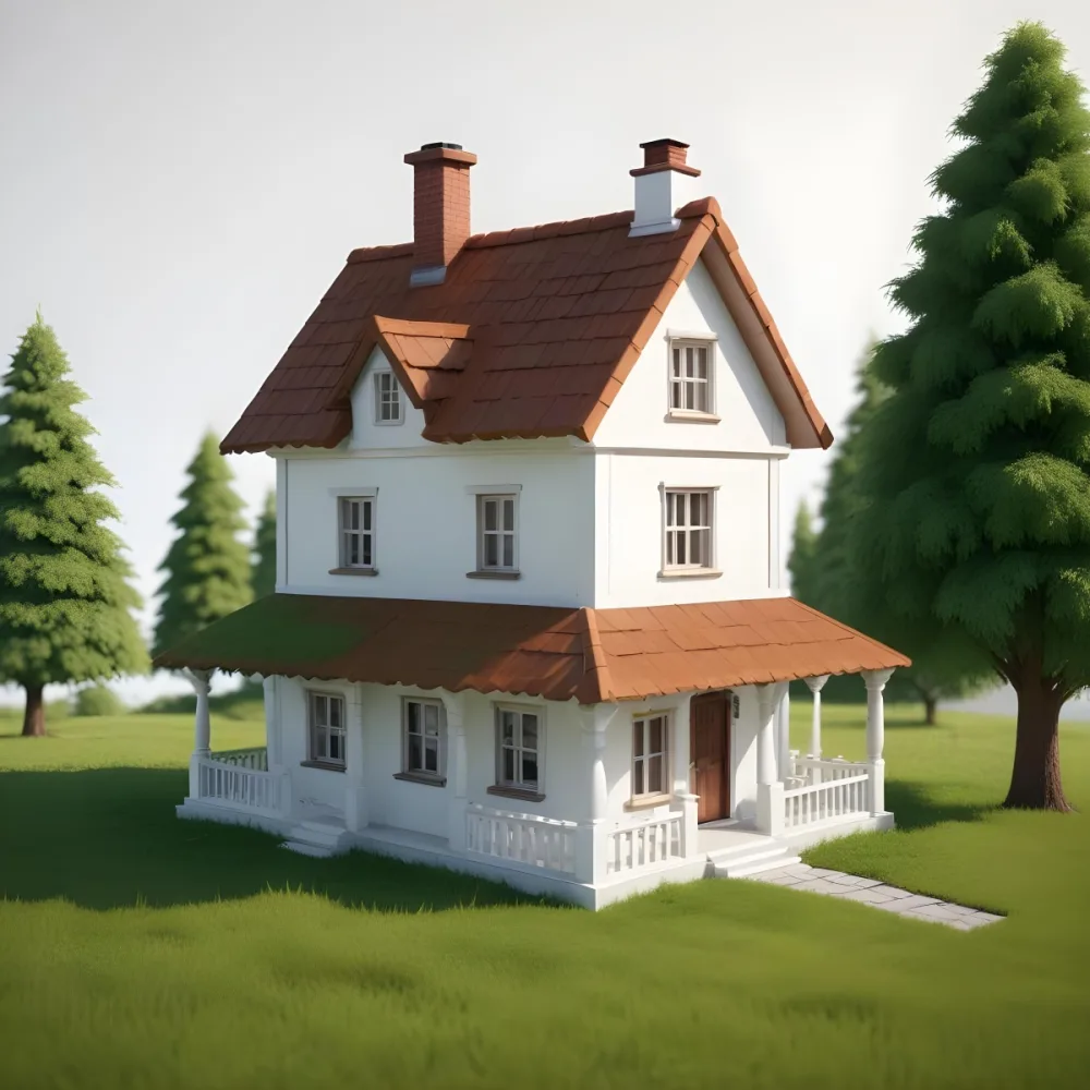 A Small White House With A Brown Roof And Chimney Surrounded By Green Grass On A White Background 42 D831