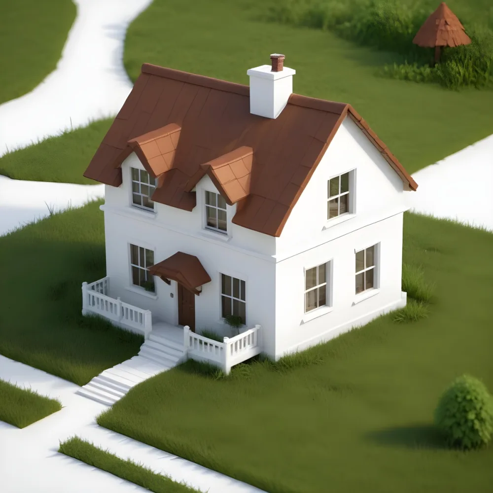 A Small White House With A Brown Roof And Chimney Surrounded By Green Grass On A White Background 44 Ff2e