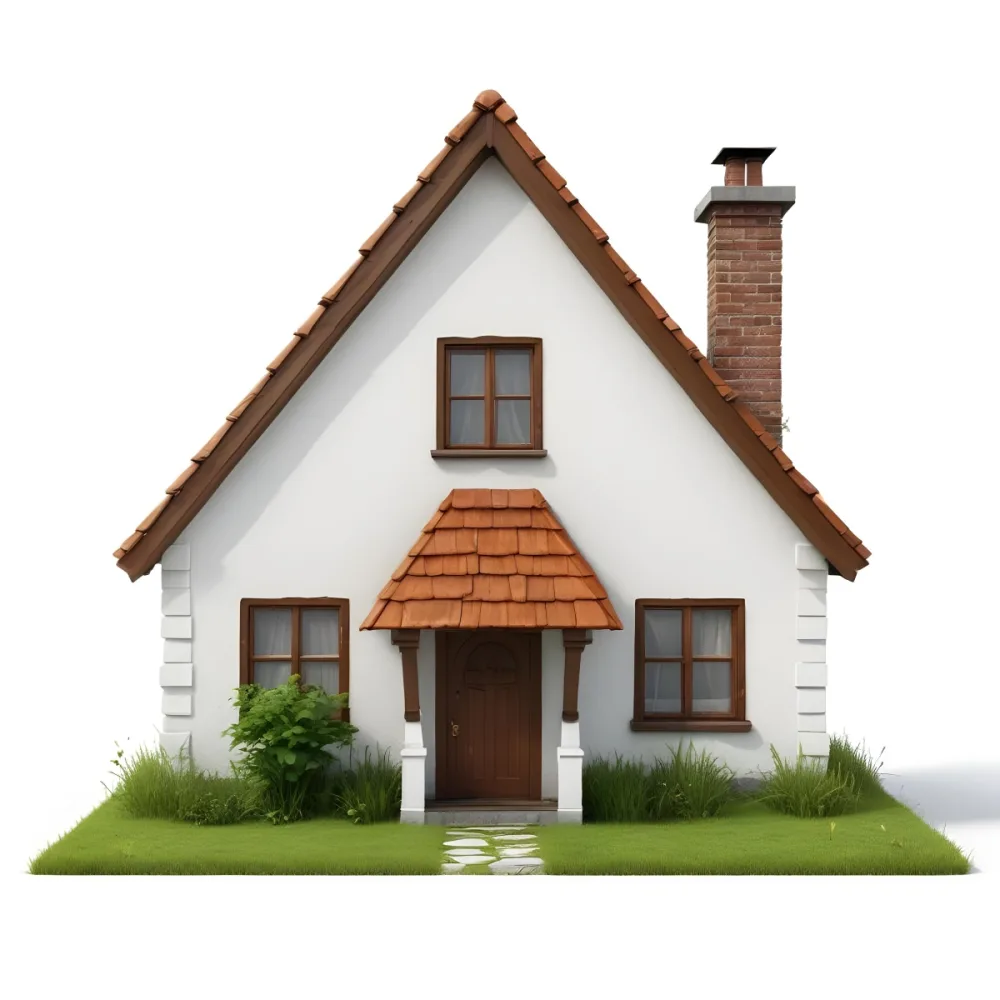 A Small White House With A Brown Roof And Chimney Surrounded By Green Grass On A White Background 47 E194
