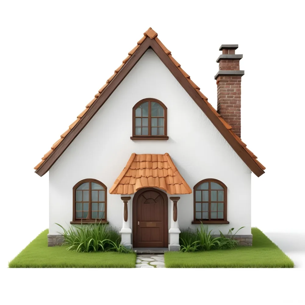 A Small White House With A Brown Roof And Chimney Surrounded By Green Grass On A White Background 55 B0fe