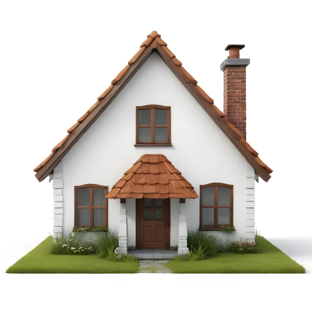 A Small White House With A Brown Roof And Chimney Surrounded By Green Grass On A White Background 56 5bc2
