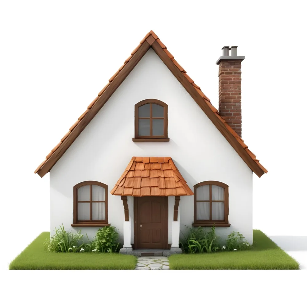 A Small White House With A Brown Roof And Chimney Surrounded By Green Grass On A White Background 57 A0dc