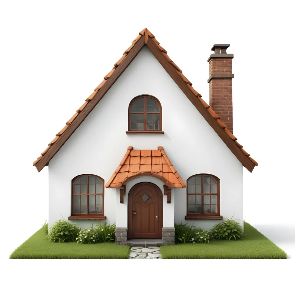 A Small White House With A Brown Roof And Chimney Surrounded By Green Grass On A White Background 58 8d42