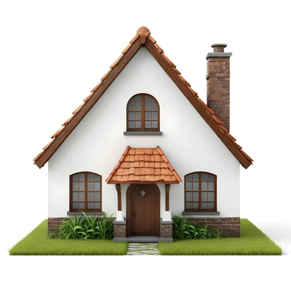A Small White House With A Brown Roof And Chimney Surrounded By Green Grass On A White Background 59 74cc