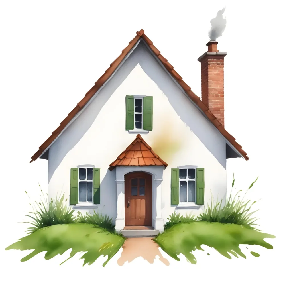 A Small White House With A Brown Roof And Chimney Surrounded By Green Grass On A White Background 6 E93e