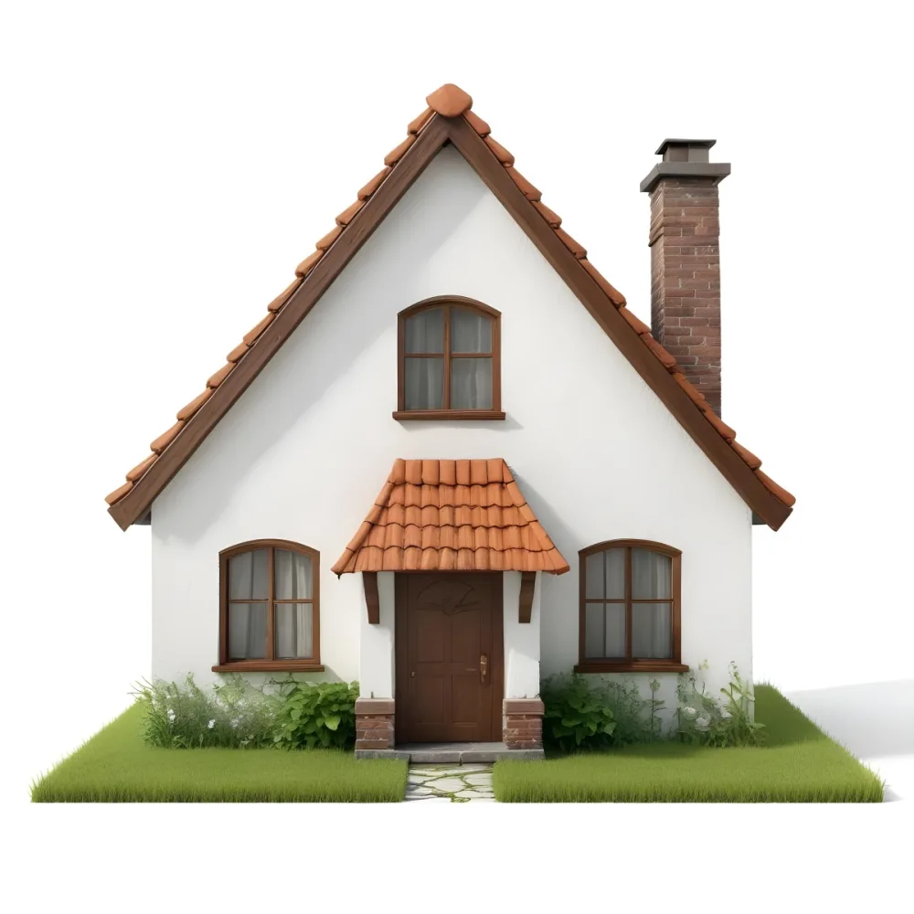 A Small White House With A Brown Roof And Chimney Surrounded By Green Grass On A White Background 60 D6f8