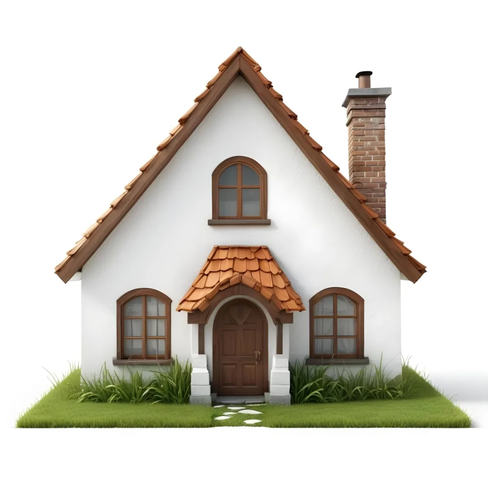A Small White House With A Brown Roof And Chimney Surrounded By Green Grass On A White Background 61 8505