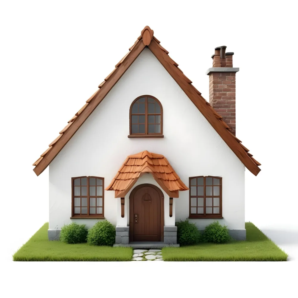 A Small White House With A Brown Roof And Chimney Surrounded By Green Grass On A White Background 62 94b6