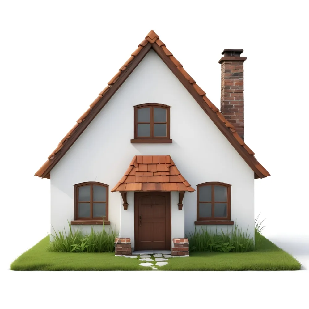 A Small White House With A Brown Roof And Chimney Surrounded By Green Grass On A White Background 63 5f77