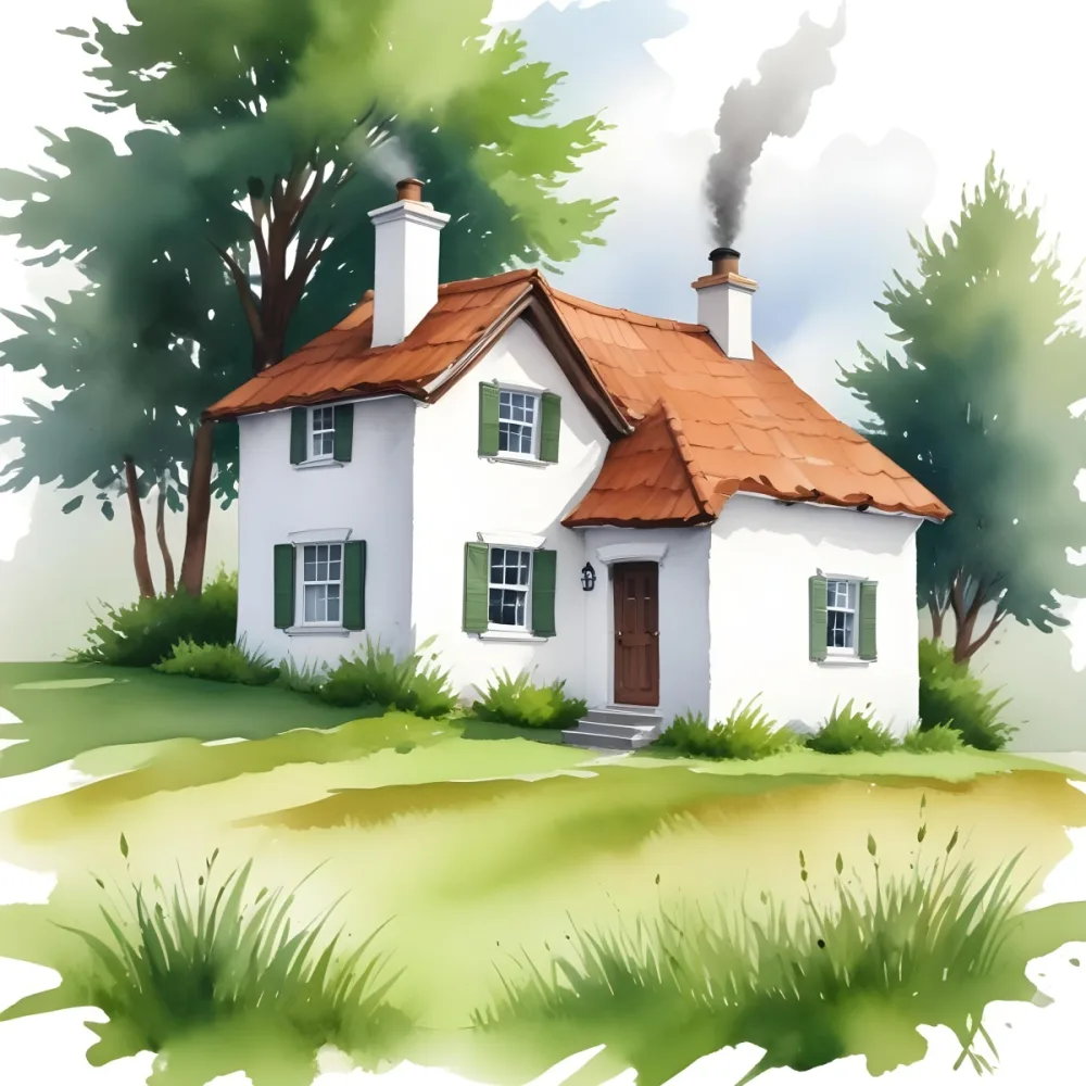 A Small White House With A Brown Roof And Chimney Surrounded By Green Grass On A White Background 7 854b