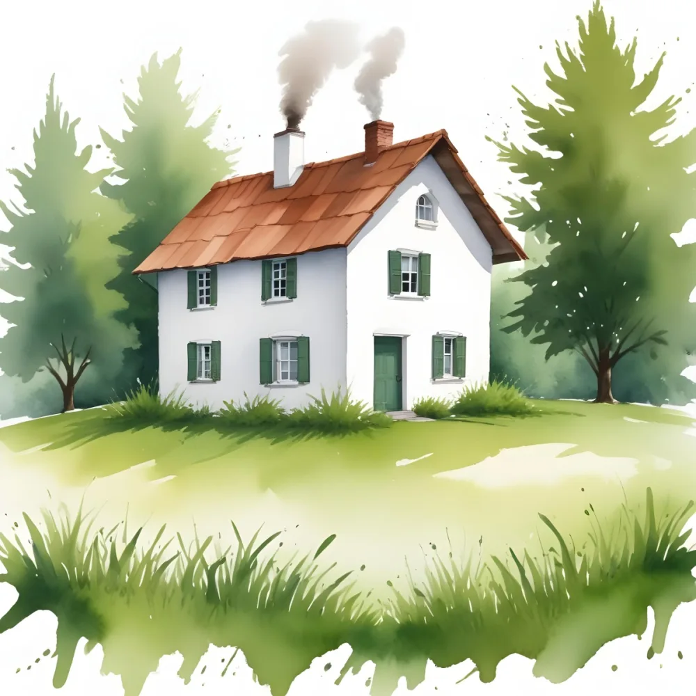 A Small White House With A Brown Roof And Chimney Surrounded By Green Grass On A White Background 8 9659