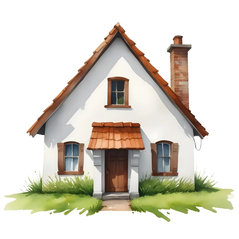 A Small White House With A Brown Roof And Chimney Surrounded By Green Grass On A White Background 9 61ce