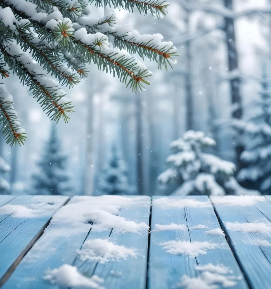 A Snowy Fir Branch On A Blue Wooden Table With A Blurred Background Of A Winter Forest And Falling Snow 19 A6b3