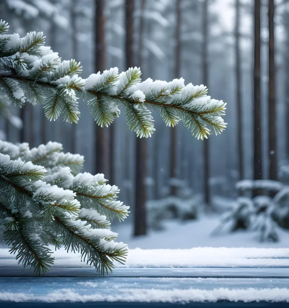 A Snowy Fir Branch On A Blue Wooden Table With A Blurred Background Of A Winter Forest And Falling Snow 44 D576