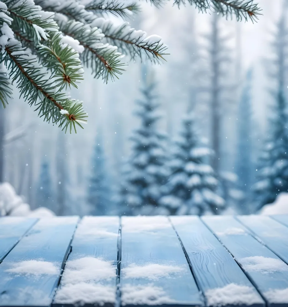 A Snowy Fir Branch On A Blue Wooden Table With A Blurred Background Of A Winter Forest And Falling Snow 8 9454