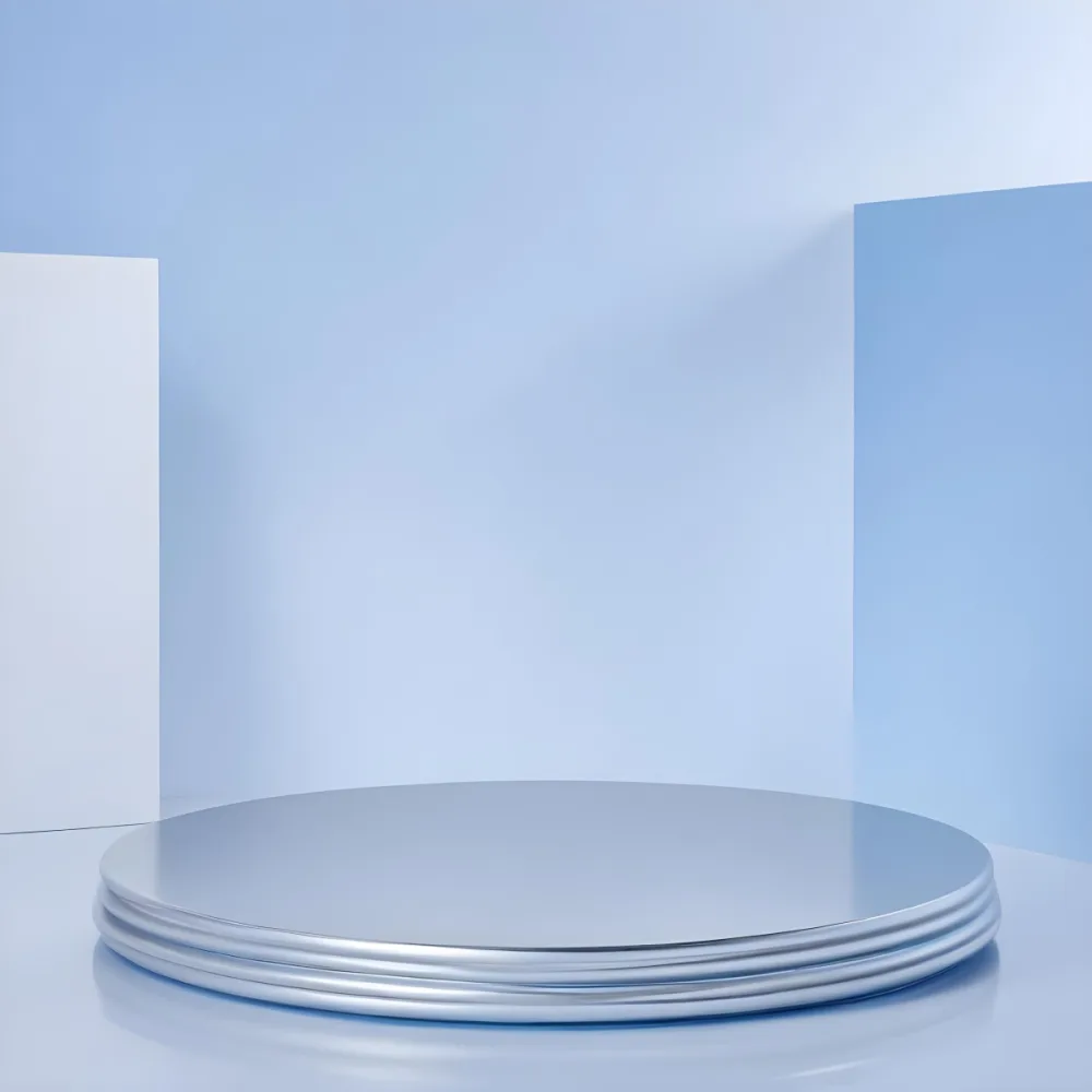 A Stack Of Silver Metal Plates Or Discs On A Light Blue Background 28