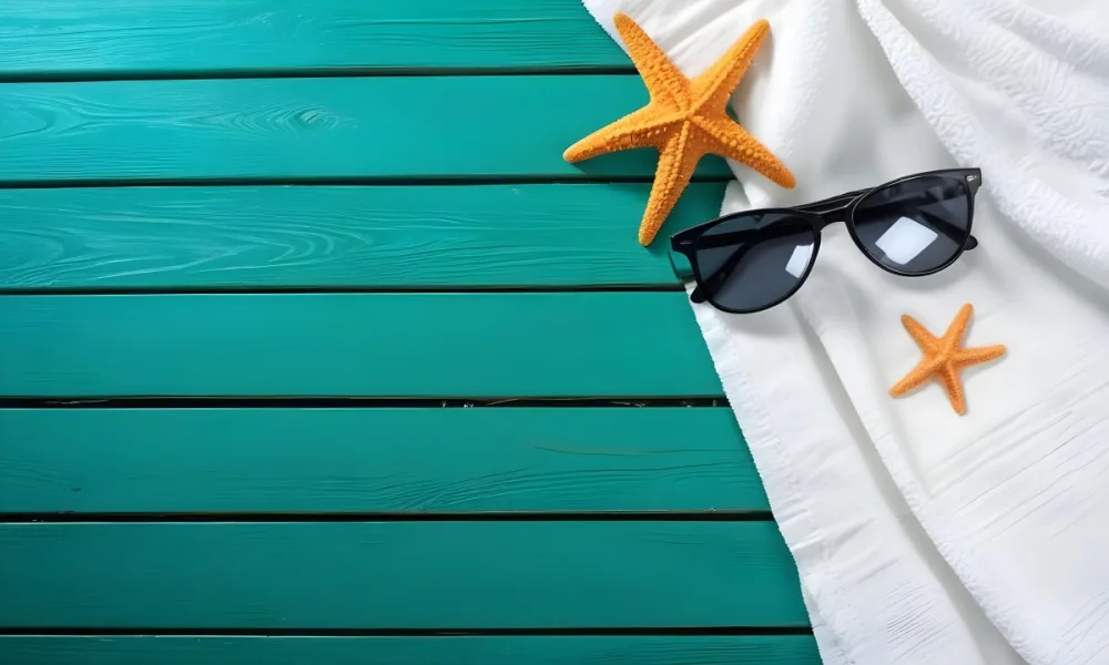 A Starfish And Sunglasses On A White Towel On A White Wooden Surface Beach Vacation Concept Summer Vacation Tropical Bright Colors High Angle View 6 6761