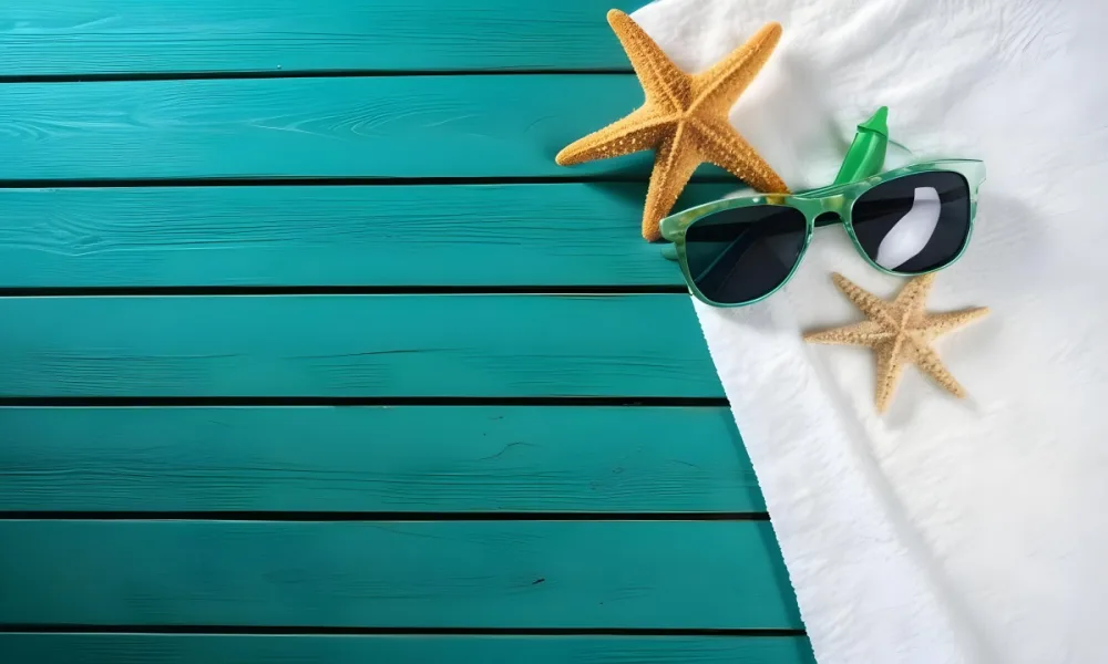 A Starfish And Sunglasses On A White Towel On A White Wooden Surface Beach Vacation Concept Summer Vacation Tropical Bright Colors High Angle View 8 60d9