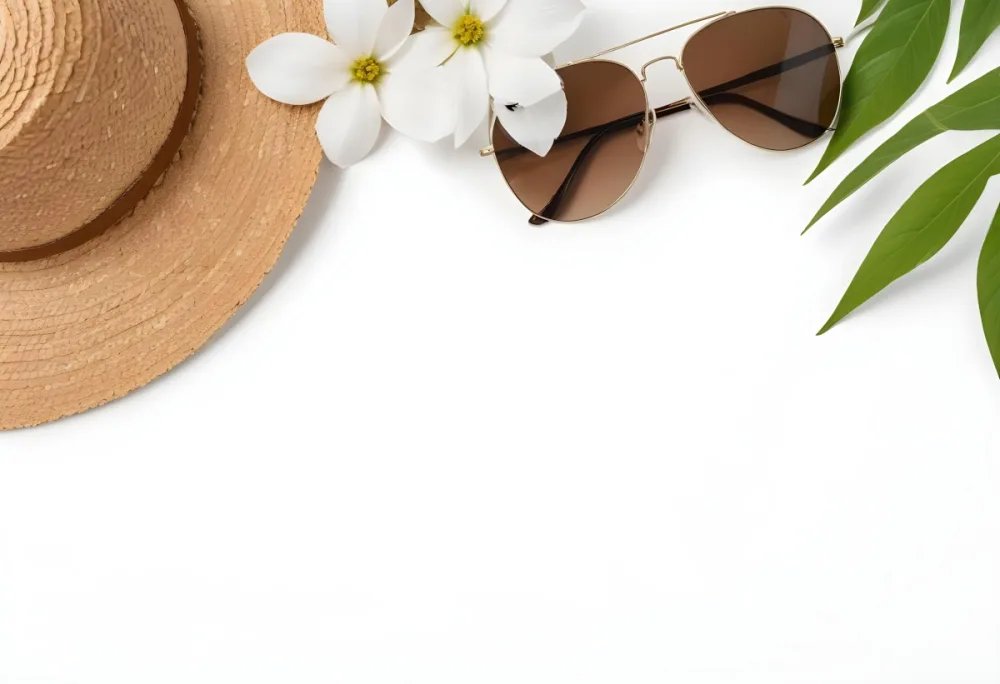 A Straw Hat A White Flower Sunglasses And Green Leaves On A White Background 28 78b4
