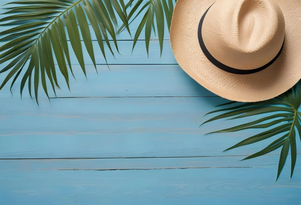 A Straw Hat And A Palm Leaf On A Blue Wooden Surface With Sand Creating A Summery And Beachy Vibe Top View 51 8c82