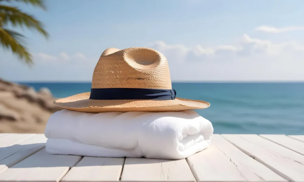 A Straw Hat And A White Towel On A White Wooden Table With A Blurred Background Of The Sea And The Sky 5 9293