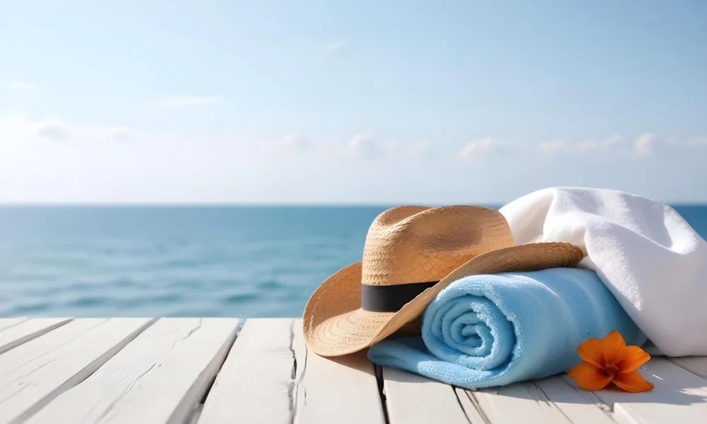 A Straw Hat And A White Towel On A White Wooden Table With A Blurred Background Of The Sea And The Sky 7 34e3