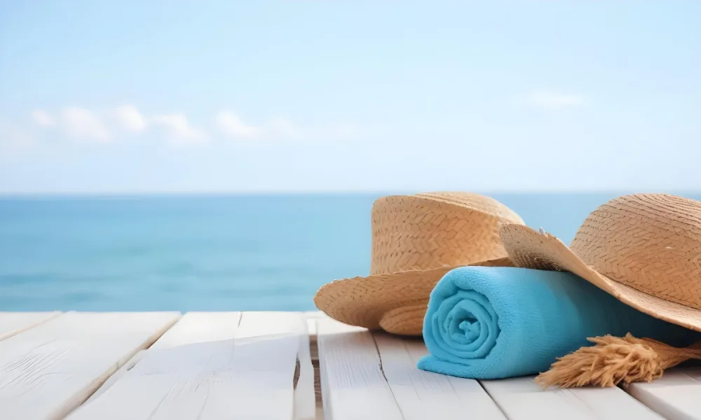 A Straw Hat And A White Towel On A White Wooden Table With A Blurred Background Of The Sea And The Sky 8 F86a
