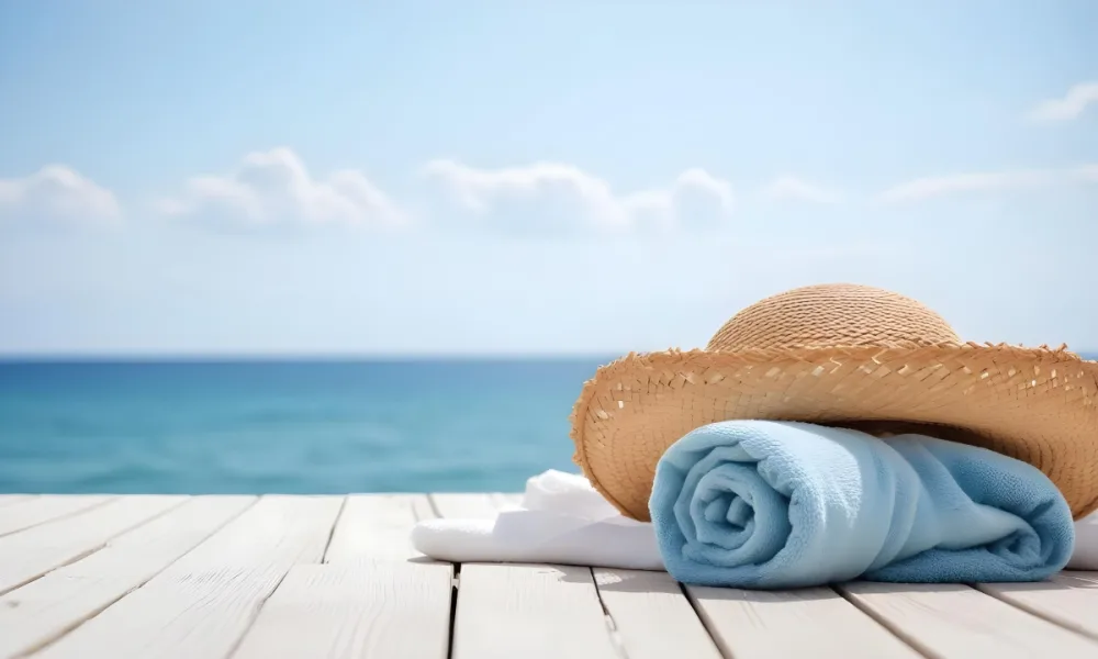 A Straw Hat And A White Towel On A White Wooden Table With A Blurred Background Of The Sea And The Sky 9 Ade6