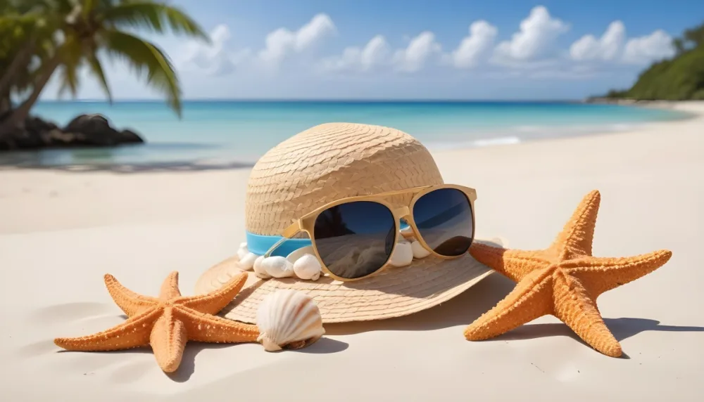 A Straw Hat Sunglasses A Starfish And A Shell On The Beach In A Tropical Beach With A Boat In The Background 10 Cb86