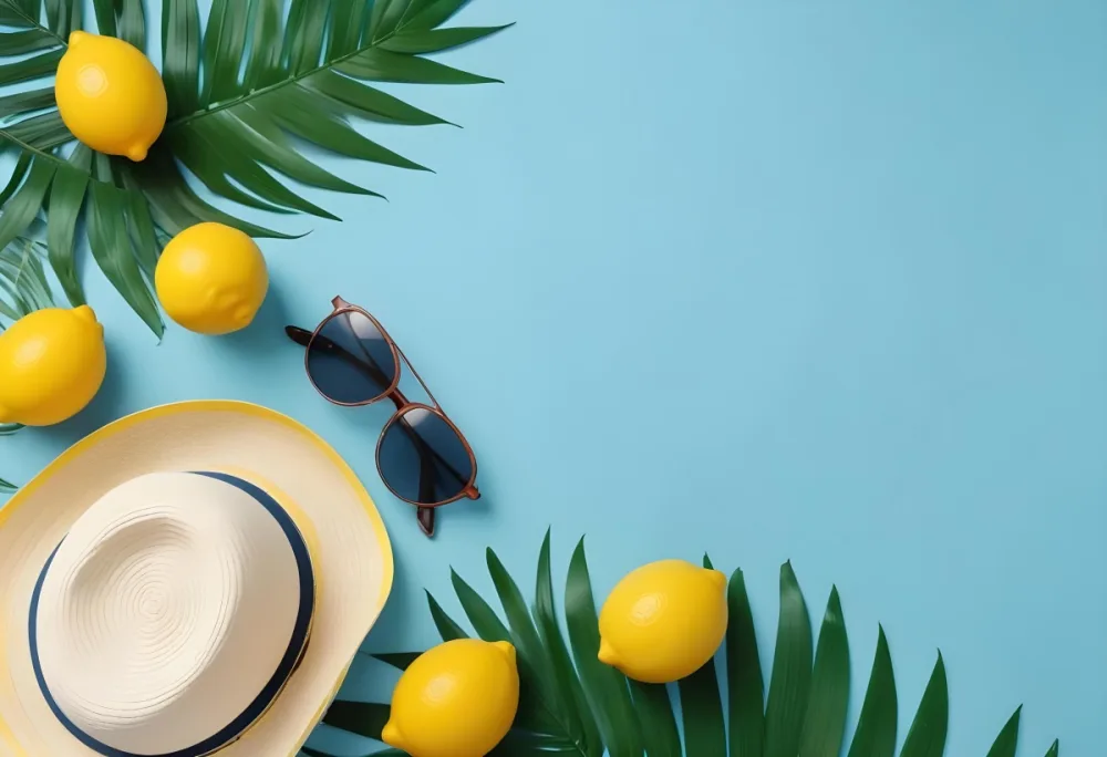 A Straw Hat Sunglasses Lemons And Palm Leaves On A Blue Background Summer Vacation Concept Top View Flat Lay Copy Space 18 94a1