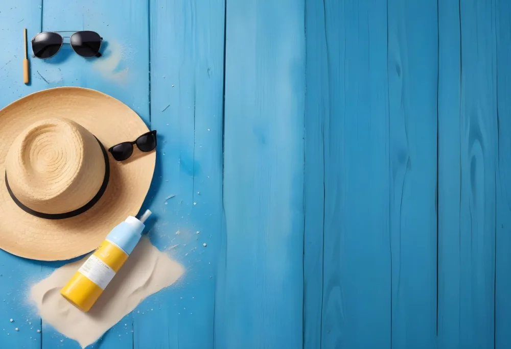 A Straw Hat Sunglasses Sunscreen And A Bottle With Sand On A Blue Wooden Surface 3 4dcb