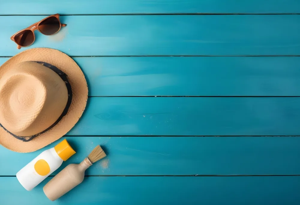 A Straw Hat Sunglasses Sunscreen And A Bottle With Sand On A Blue Wooden Surface 6 6a9e