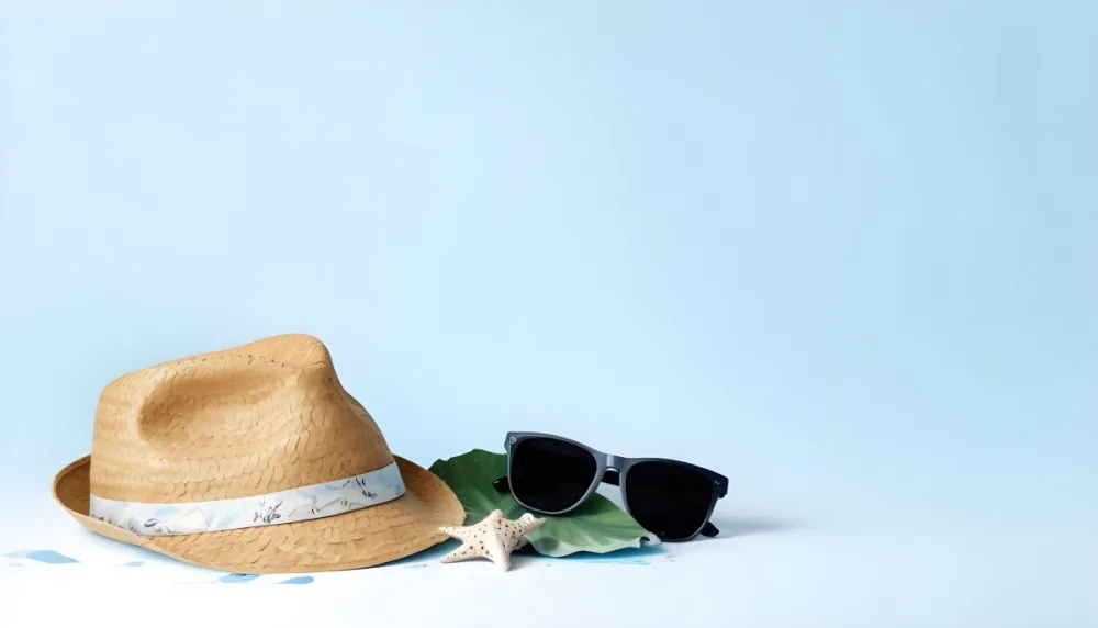 A Straw Hat With A Blue Ribbon Black Sunglasses A Seashell And A Seashell On A White Surface With A Light Blue Background 5 914e