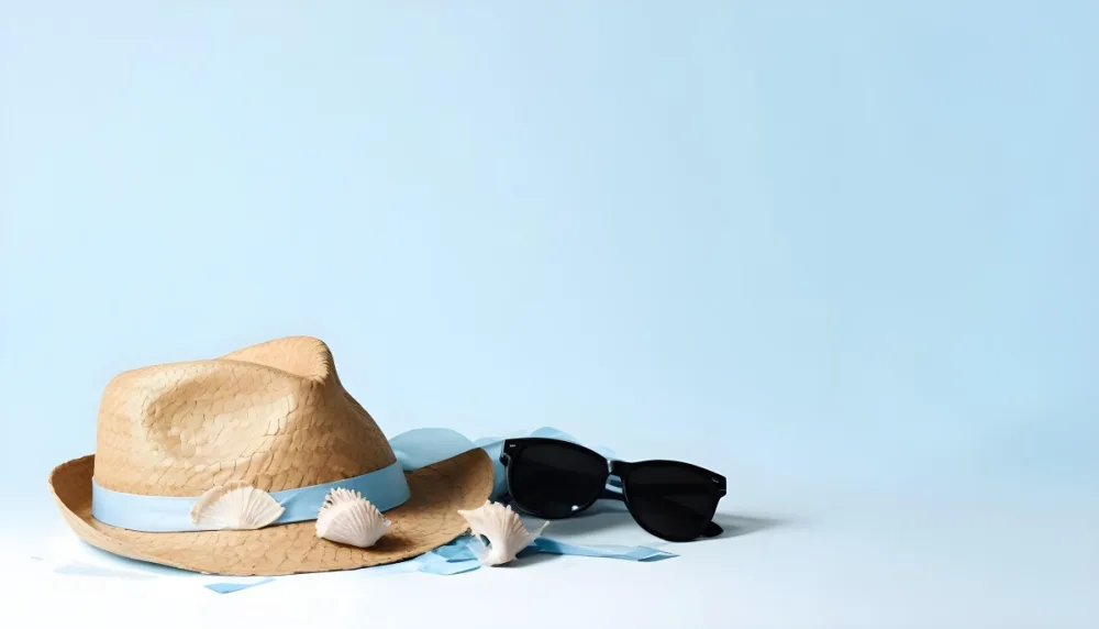 A Straw Hat With A Blue Ribbon Black Sunglasses A Seashell And A Seashell On A White Surface With A Light Blue Background 8 A6fe