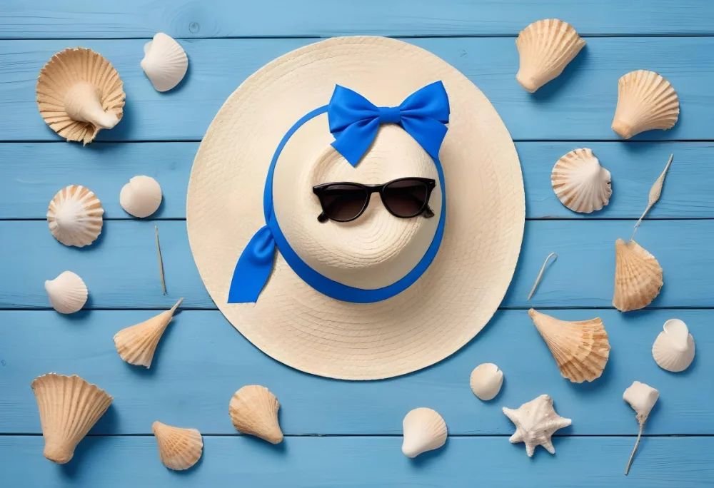 A Straw Hat With A Blue Ribbon Sunglasses And Seashells On A Blue Wooden Surface Summer Vacation Concept Beach Accessories Top View Flat Lay 22 Ec95