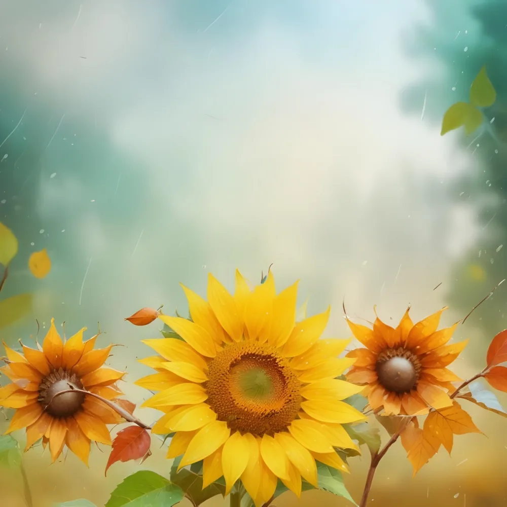 A Sunflower With Autumn Leaves And Acorns In A Rainy Day The Background Is Blurred With Green And Blue Tones 12 9571