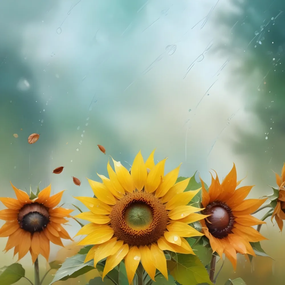 A Sunflower With Autumn Leaves And Acorns In A Rainy Day The Background Is Blurred With Green And Blue Tones 15 Fec7