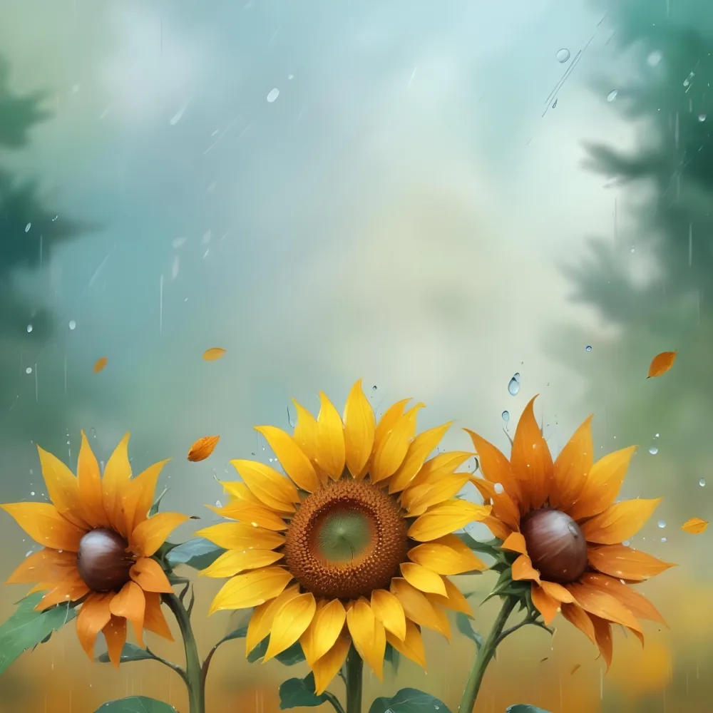A Sunflower With Autumn Leaves And Acorns In A Rainy Day The Background Is Blurred With Green And Blue Tones 18 B281