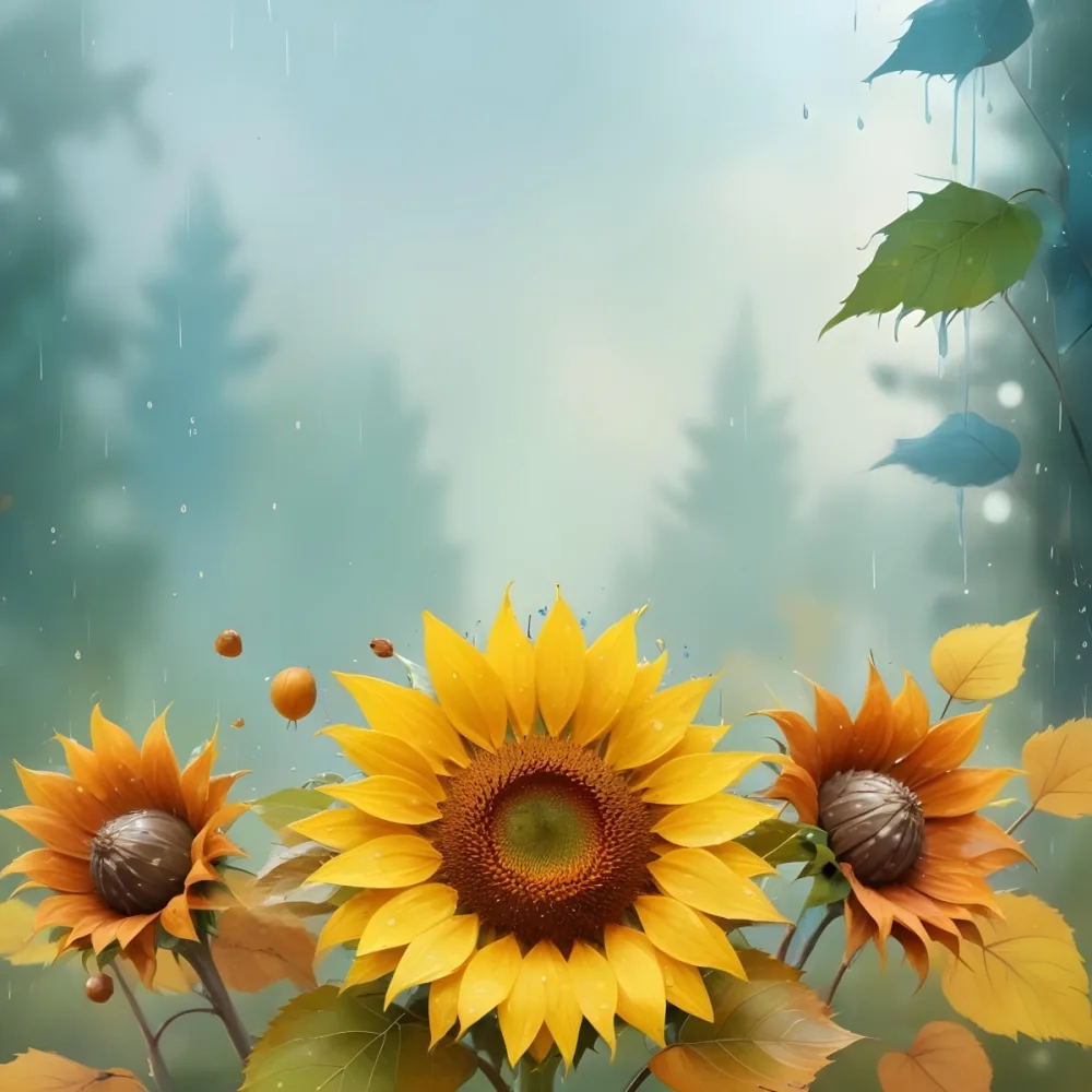 A Sunflower With Autumn Leaves And Acorns In A Rainy Day The Background Is Blurred With Green And Blue Tones 2 50c4