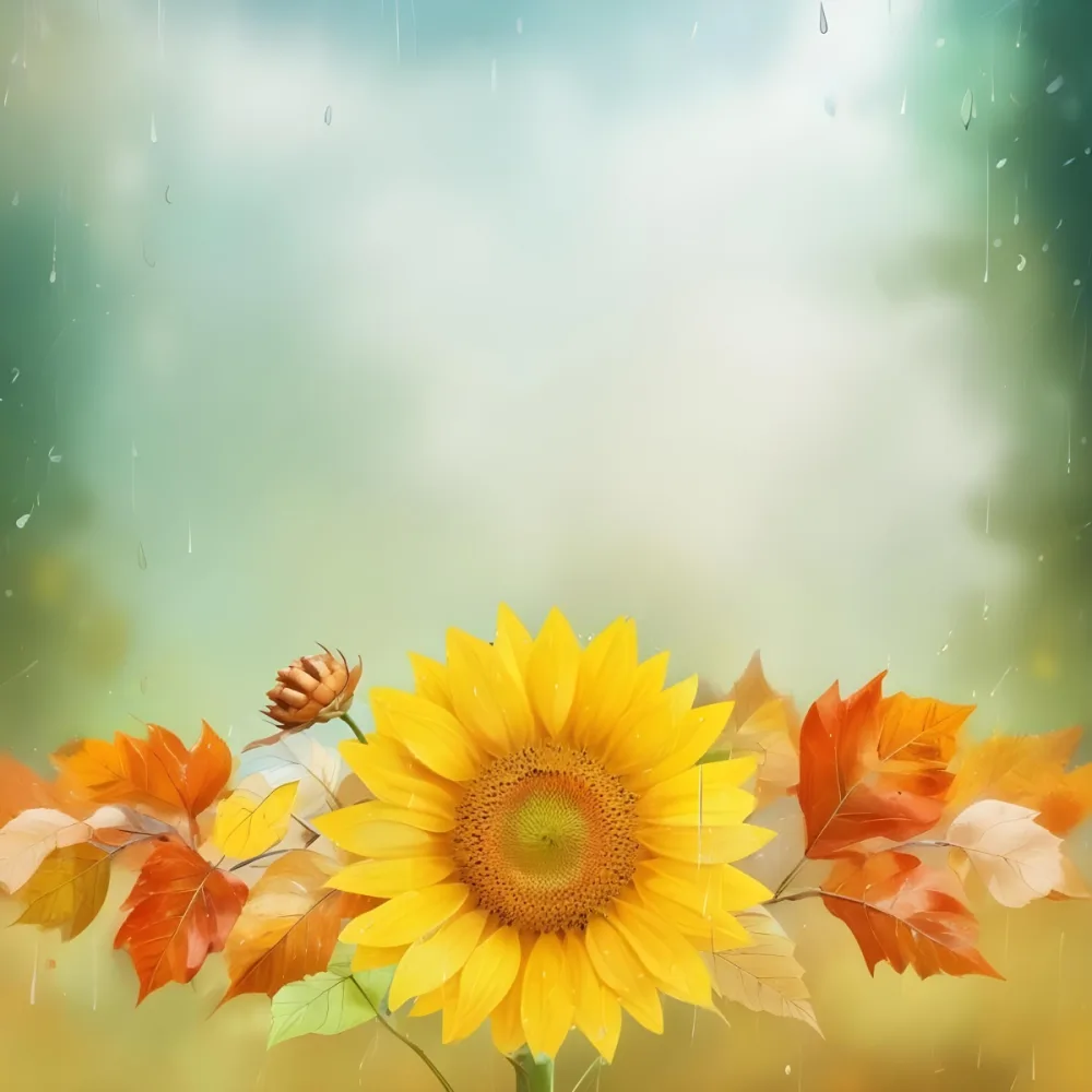 A Sunflower With Autumn Leaves And Acorns In A Rainy Day The Background Is Blurred With Green And Blue Tones 3 042a