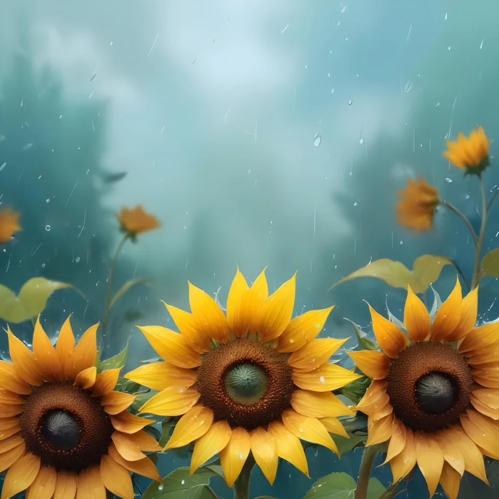 A Sunflower With Autumn Leaves And Acorns In A Rainy Day The Background Is Blurred With Green And Blue Tones 41 8702