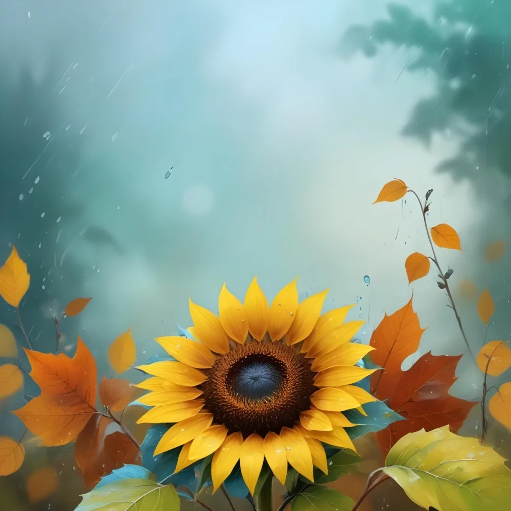 A Sunflower With Autumn Leaves And Acorns In A Rainy Day The Background Is Blurred With Green And Blue Tones 44 707f