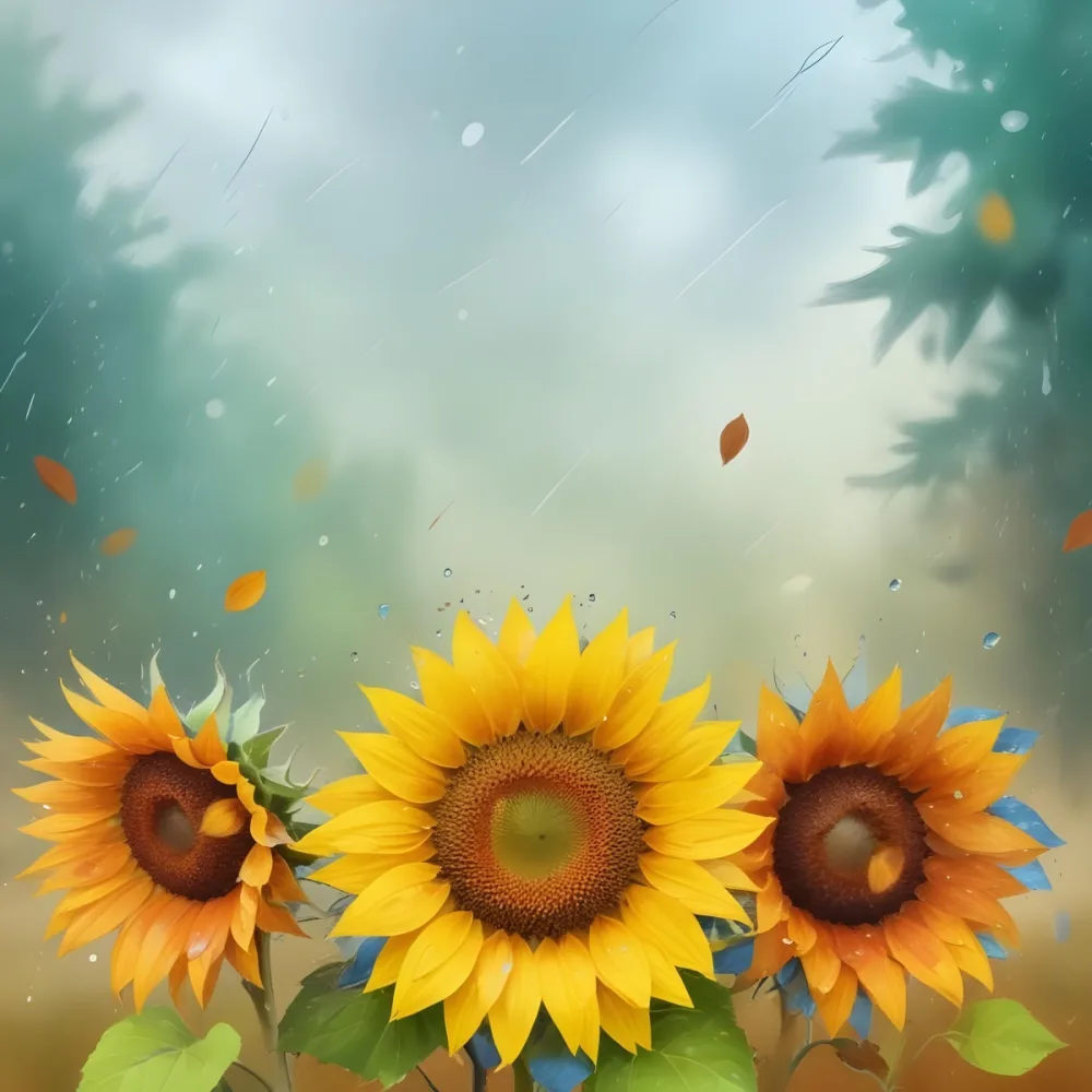 A Sunflower With Autumn Leaves And Acorns In A Rainy Day The Background Is Blurred With Green And Blue Tones 45 Bce1