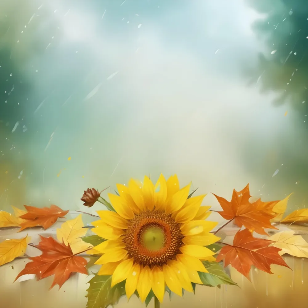 A Sunflower With Autumn Leaves And Acorns In A Rainy Day The Background Is Blurred With Green And Blue Tones 53 4f37