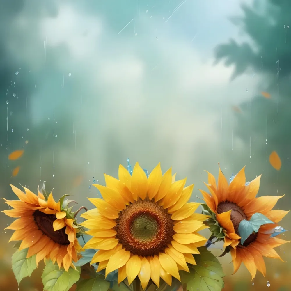 A Sunflower With Autumn Leaves And Acorns In A Rainy Day The Background Is Blurred With Green And Blue Tones 54 1cf4