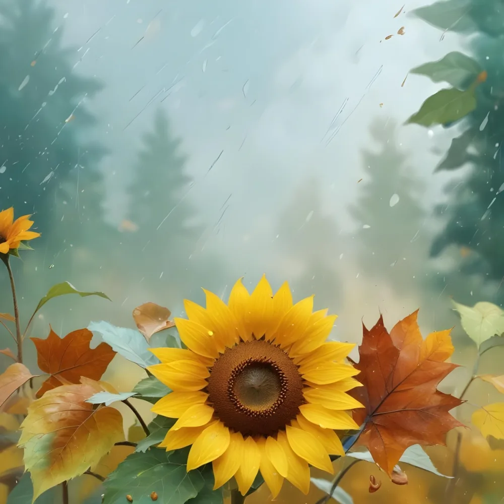 A Sunflower With Autumn Leaves And Acorns In A Rainy Day The Background Is Blurred With Green And Blue Tones 56 97f8